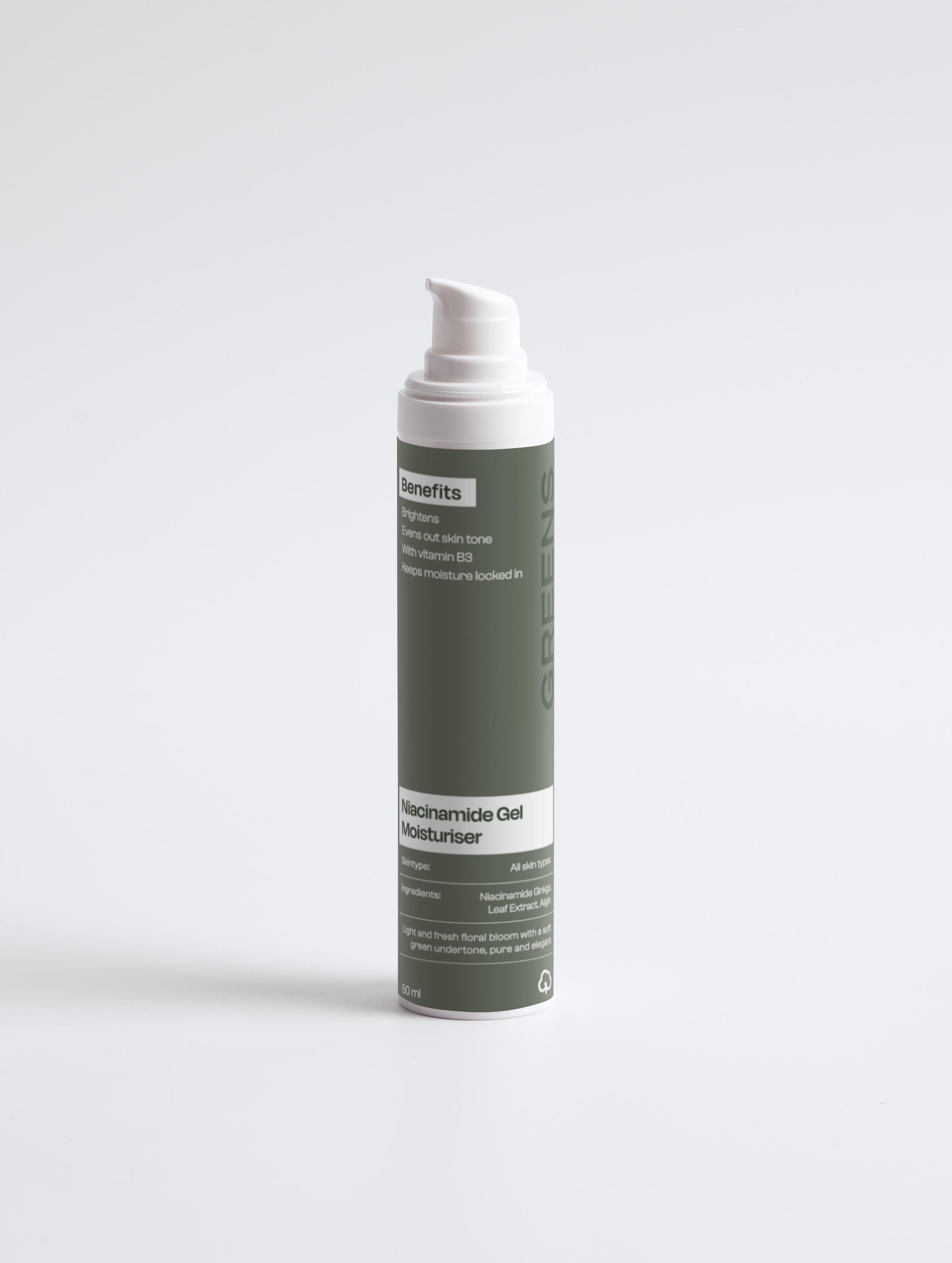Angled shot of the Greens for People Niacinamide moisturizer for men, showing the product design and pump dispenser.
