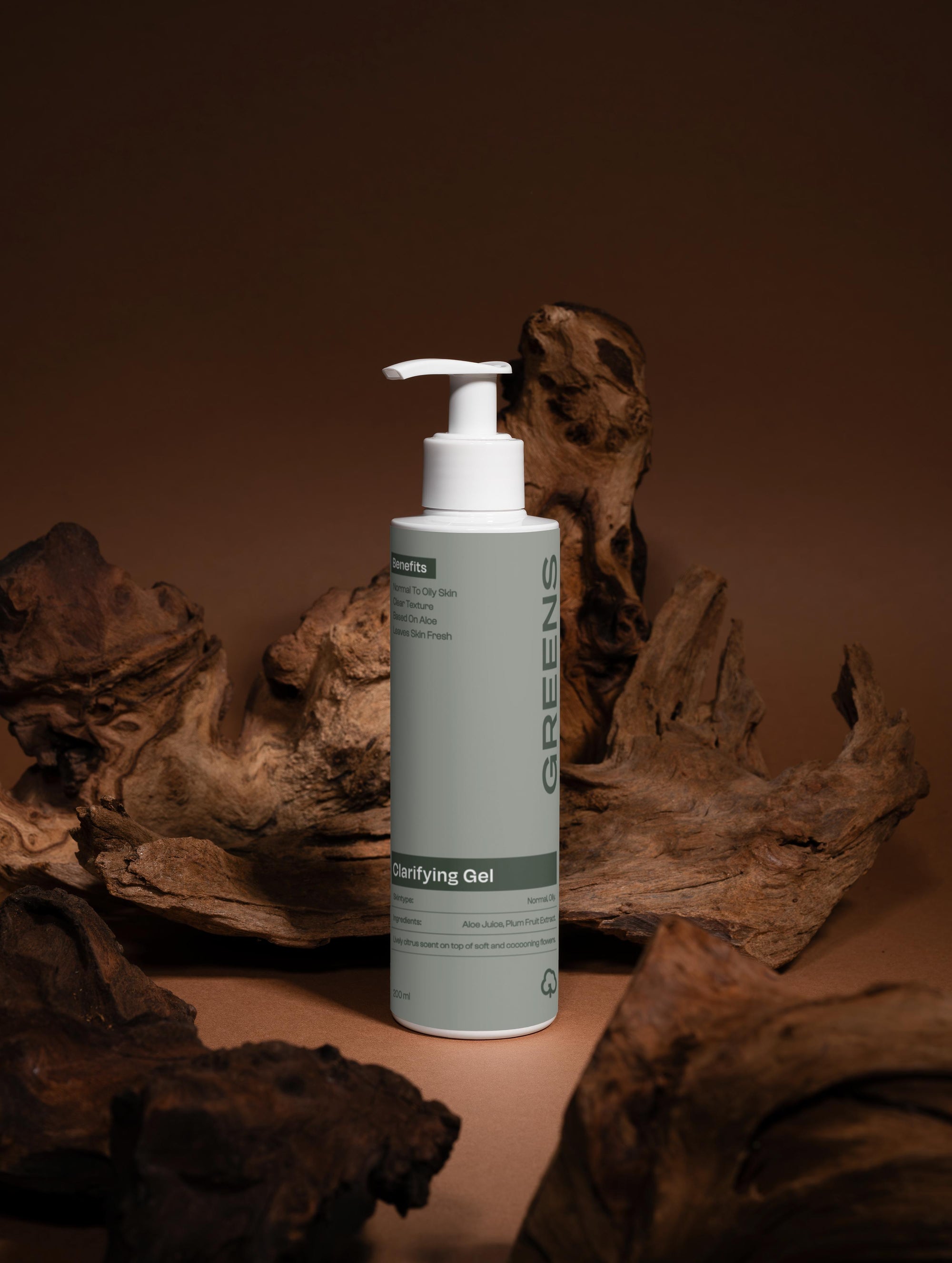 Artistic studio shot of the Greens for People men's Clarifying Gel with clean lighting.