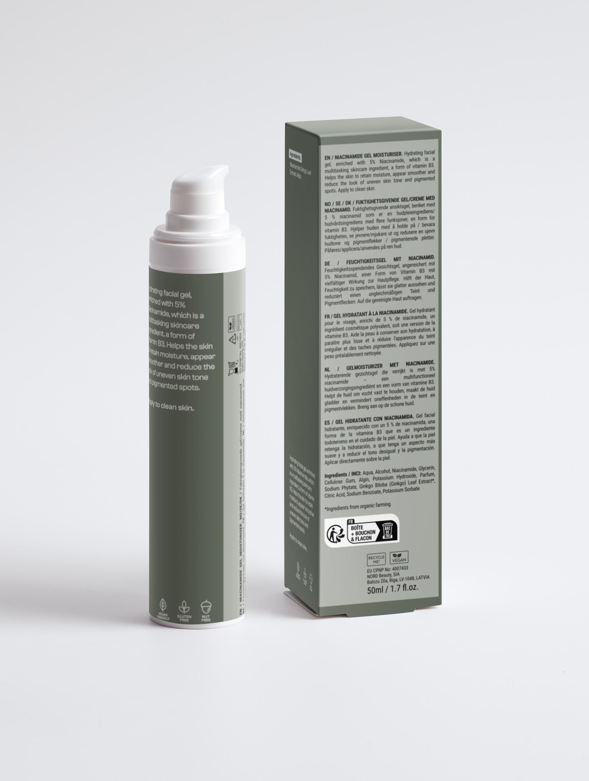 Back view of the 50ml Niacinamide Gel Moisturizer bottle by Greens for People, showing clean ingredient labeling.
