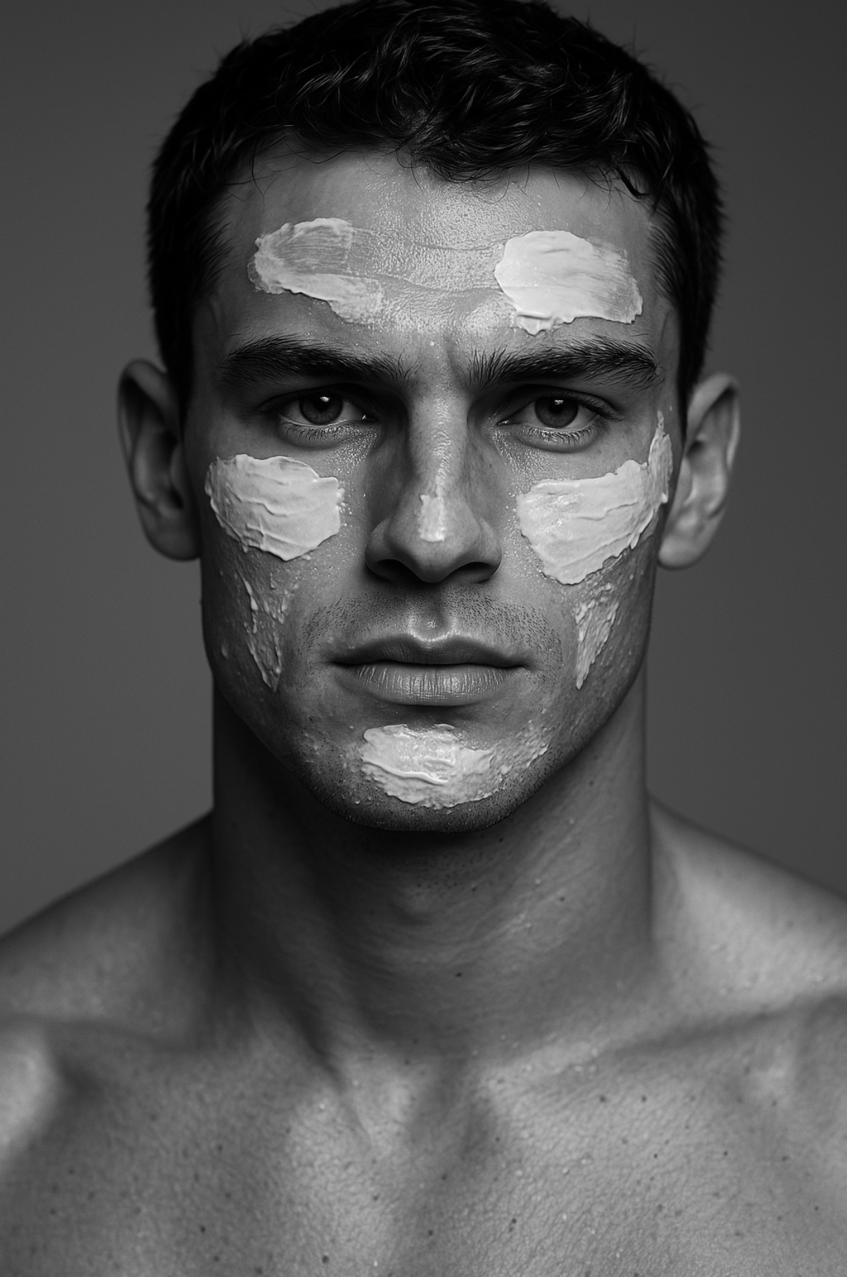 Black and white portrait of a man with face cream on his cheeks - Greens for People high-performance skincare for men.