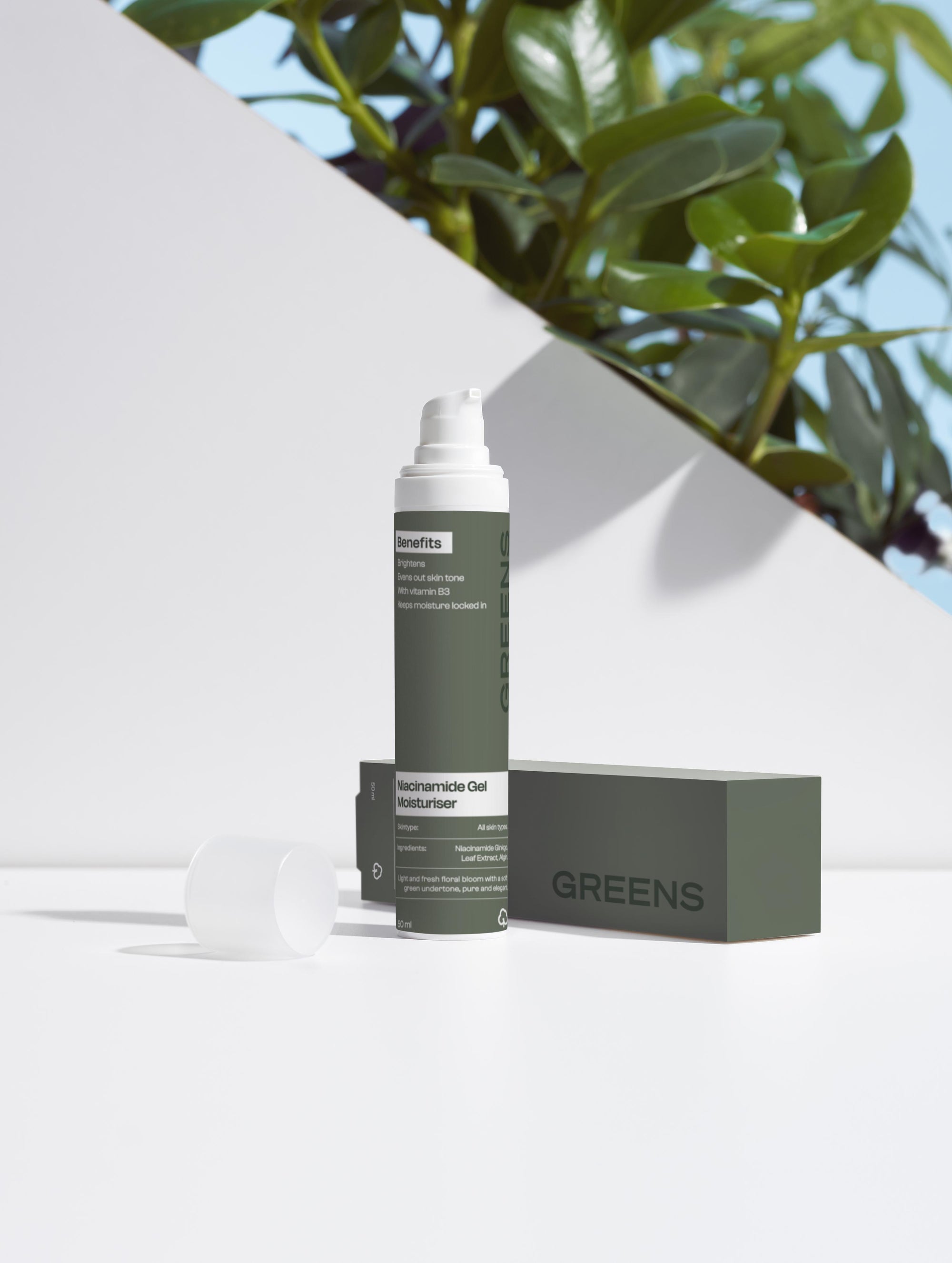 High-performance Greens for People Niacinamide Gel Moisturizer styled in a premium studio setting for men.