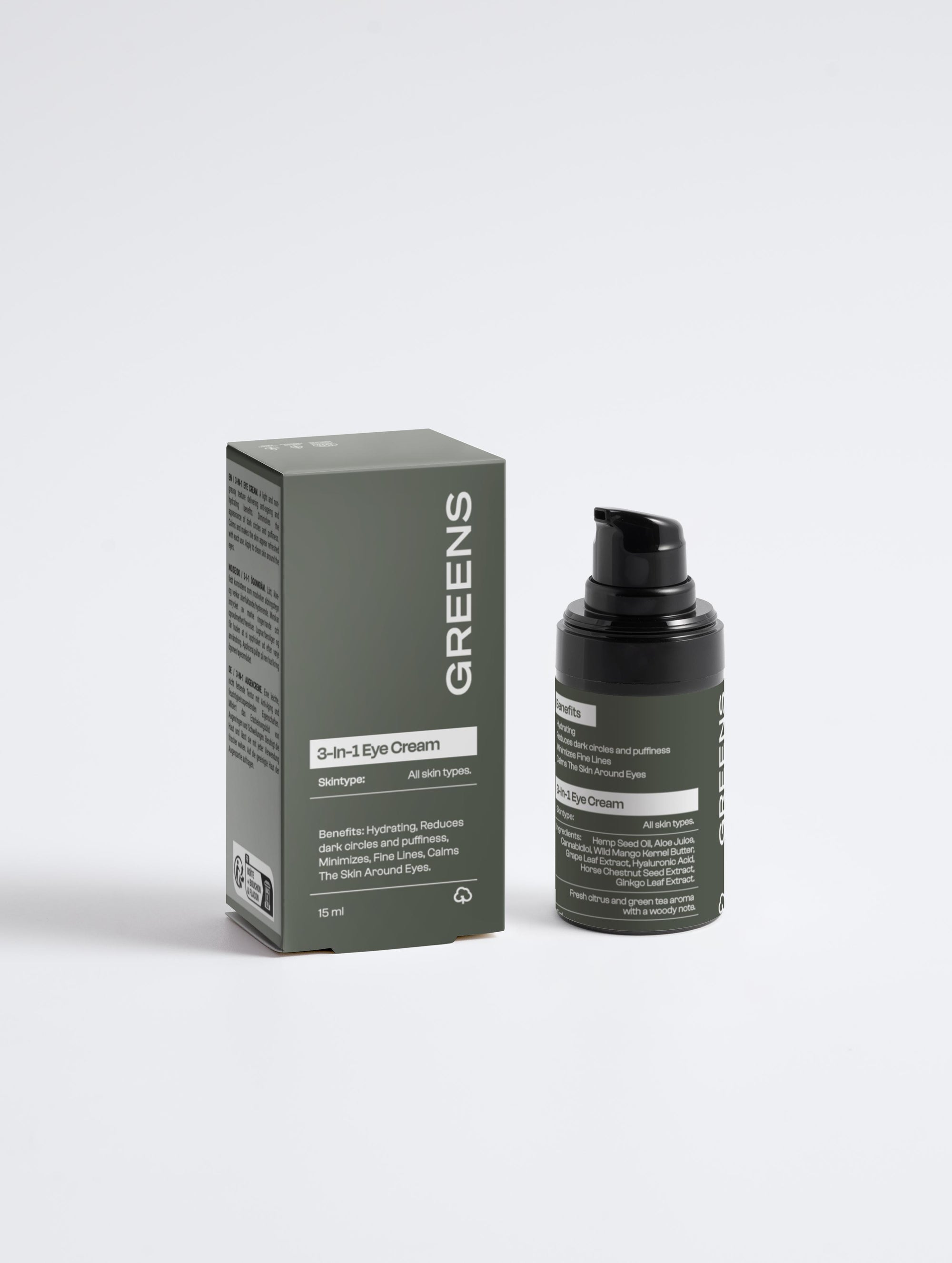 Minimalist bottle of Greens for People 3-in-1 Eye Cream for men against a neutral background.