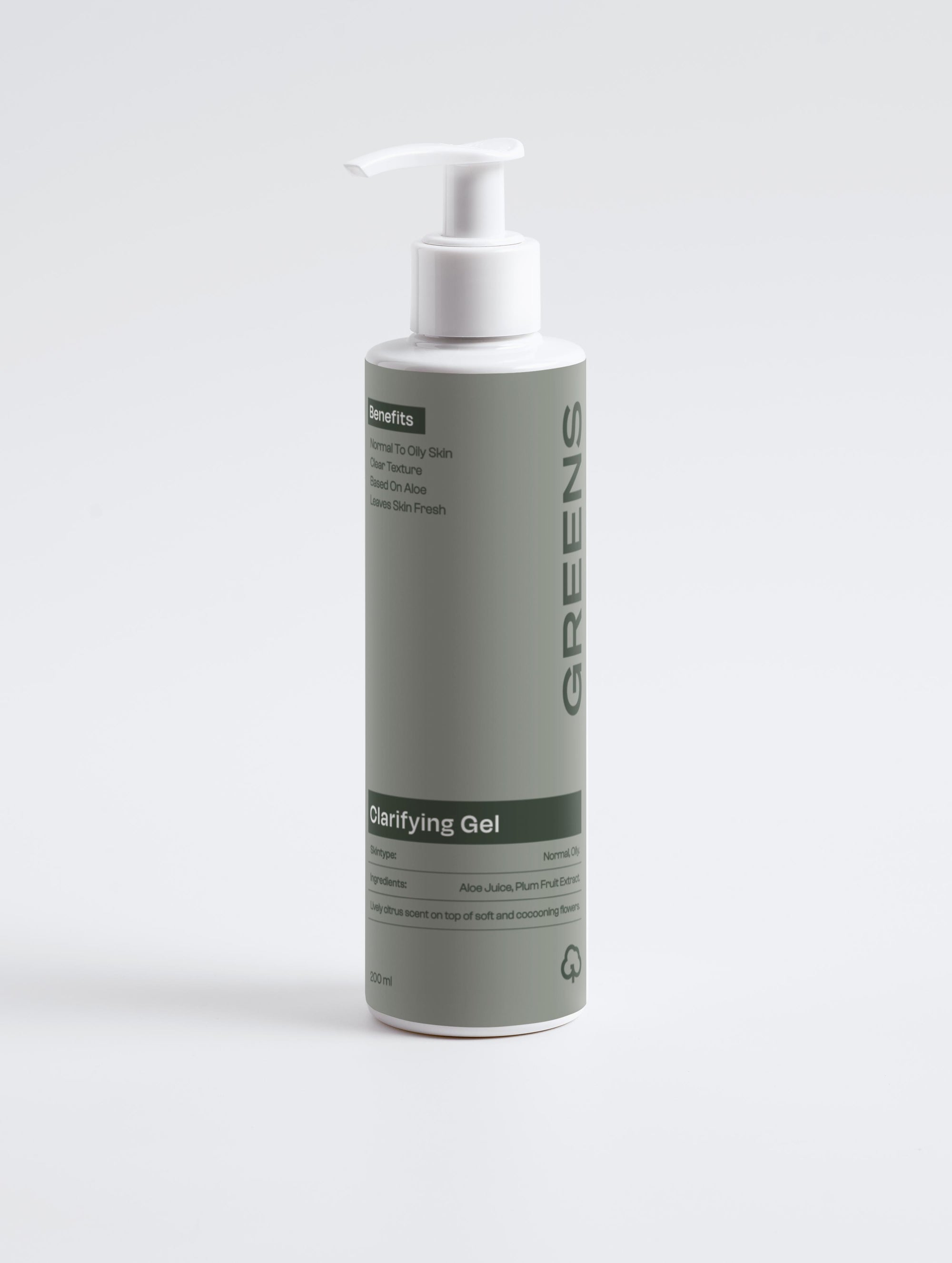 Minimalist bottle of Greens for People Clarifying Gel cleanser for men against a neutral background.