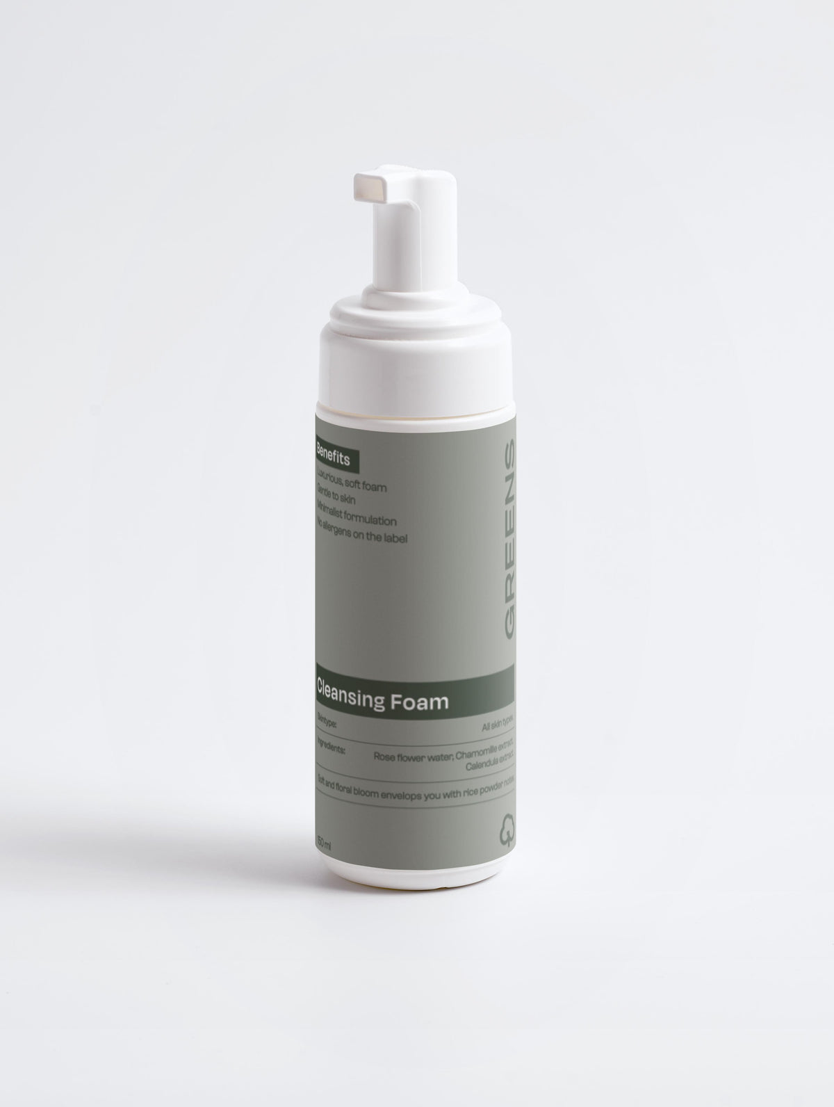 Minimalist bottle of Greens for People Cleansing Foam for men against a neutral background.