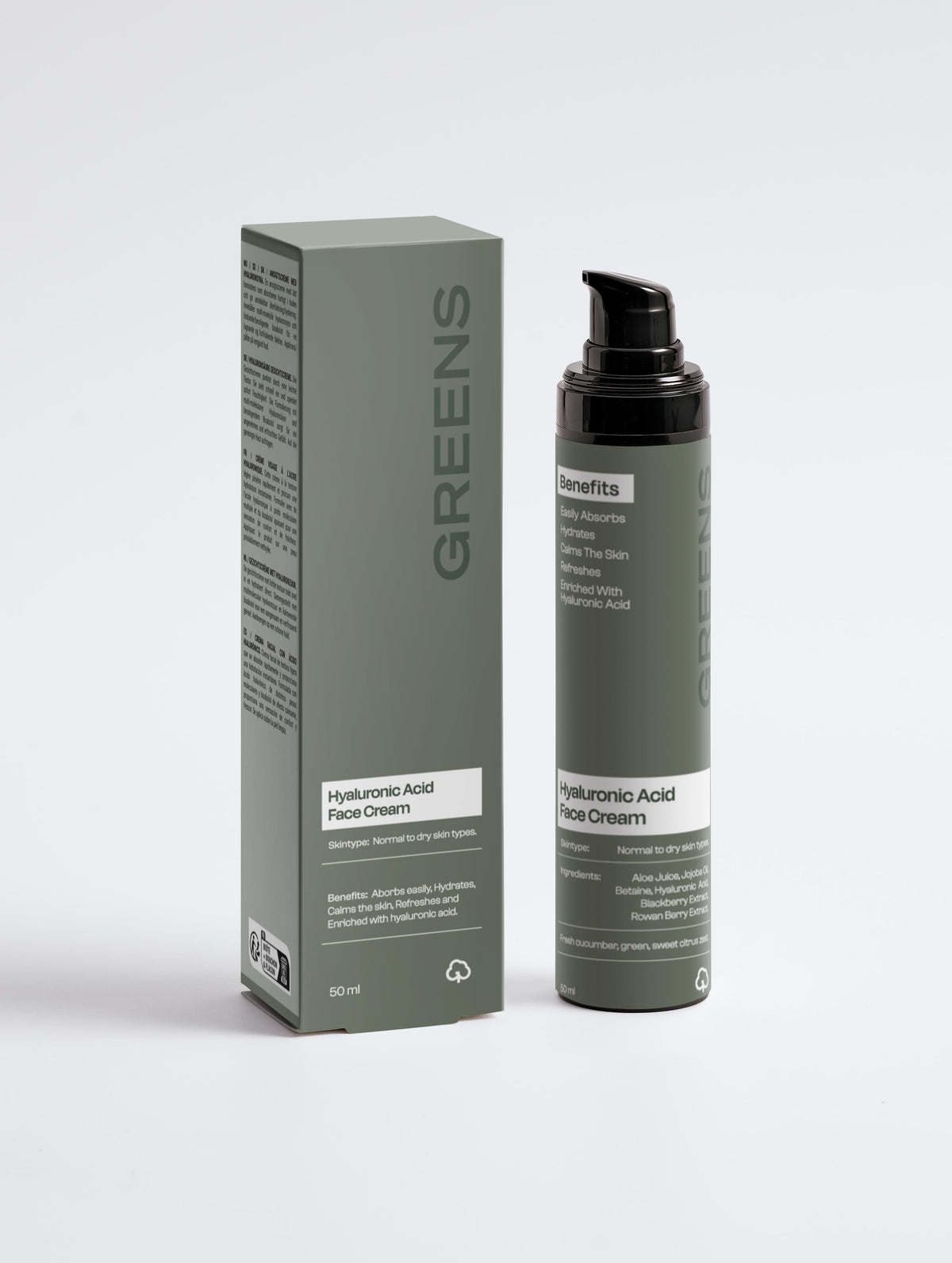 Minimalist bottle of Greens for People Hyaluronic Acid Face Cream for men against a neutral background.