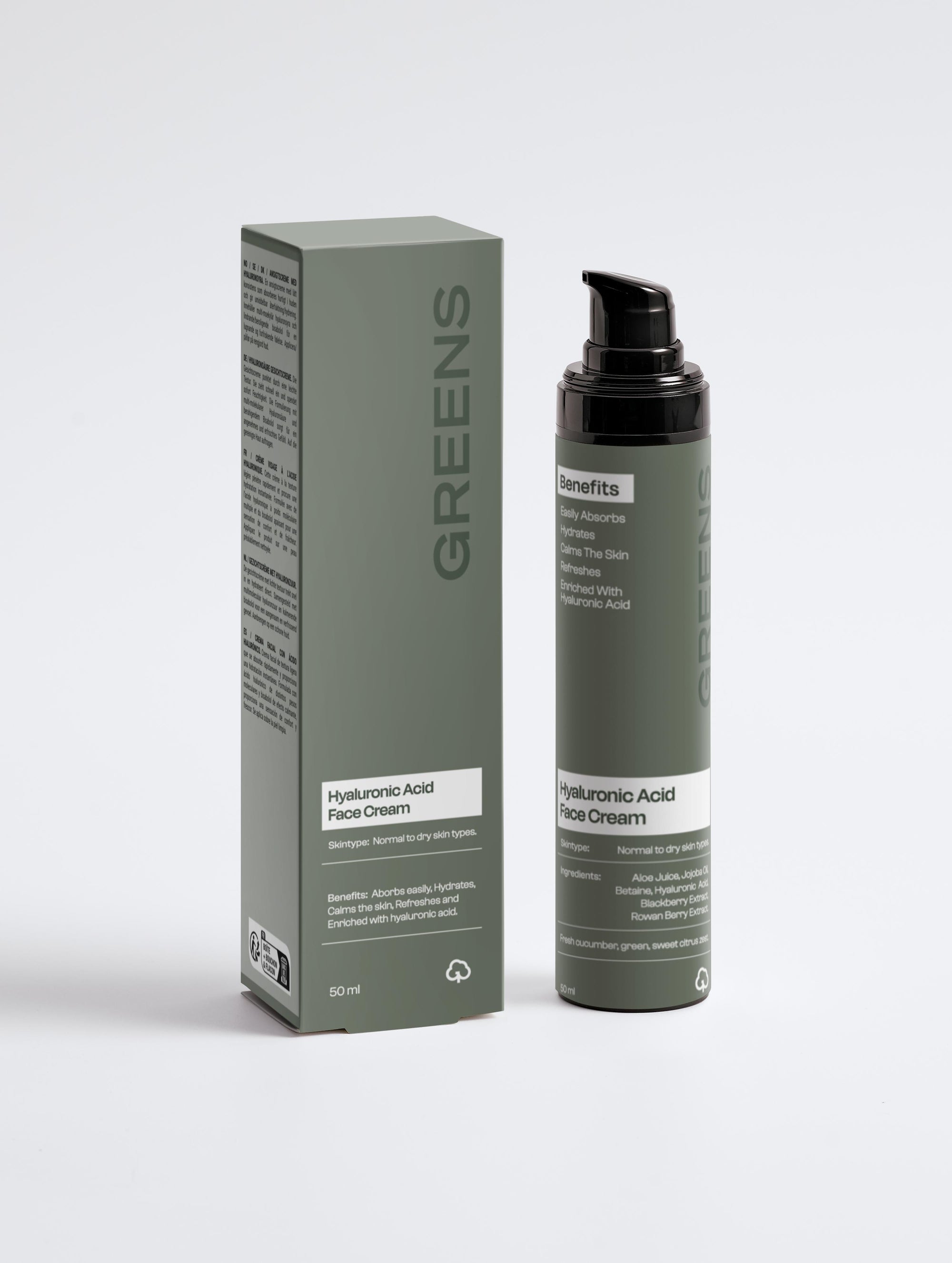 Minimalist bottle of Greens for People Hyaluronic Acid Face Cream for men against a neutral background.