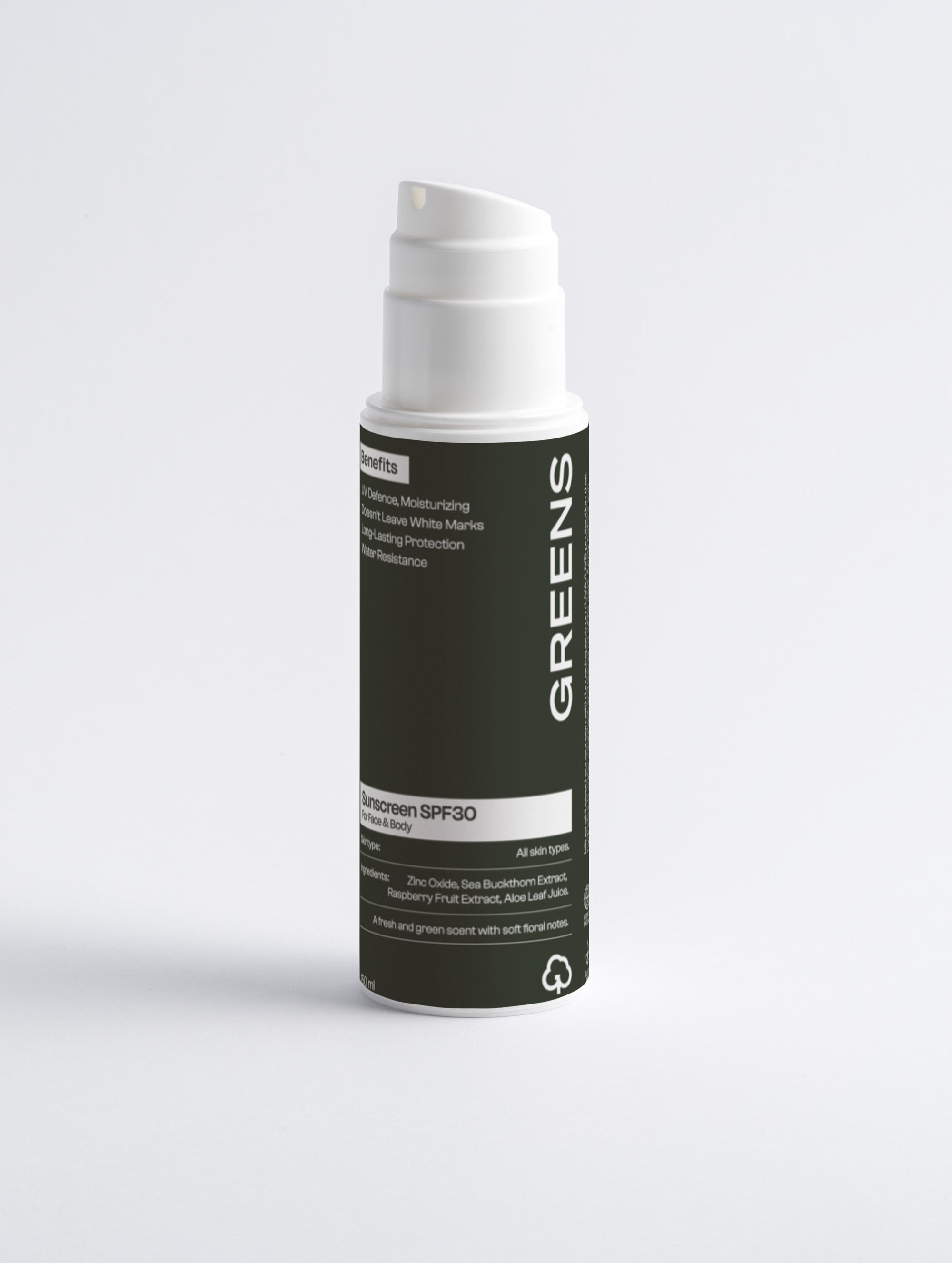Minimalist bottle of Greens for People Mineral Sunscreen SPF30 for men against a neutral background.