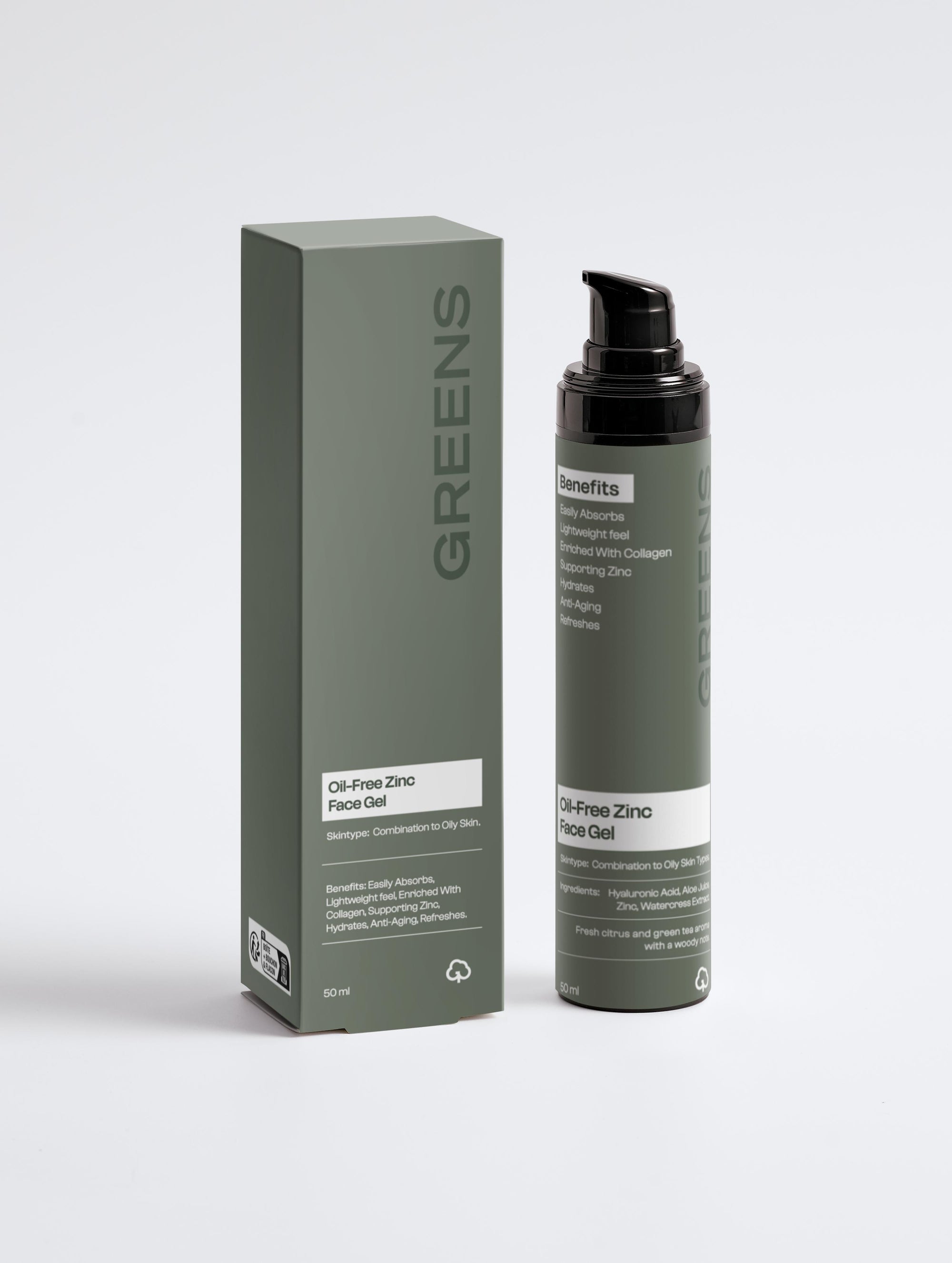 Minimalist bottle of Greens for People Oil-Free Zinc Face Gel for men against a neutral background.