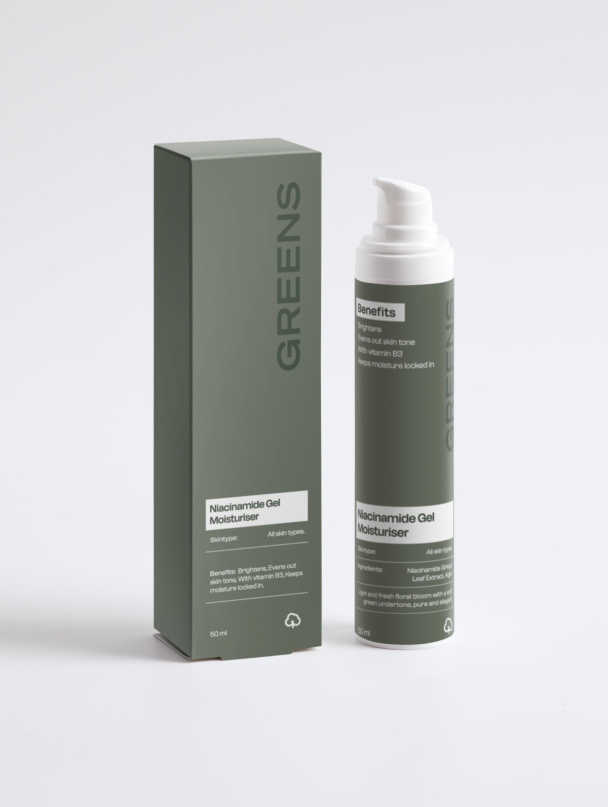 Minimalist white bottle of Greens for People Niacinamide Gel Moisturizer against a neutral background.