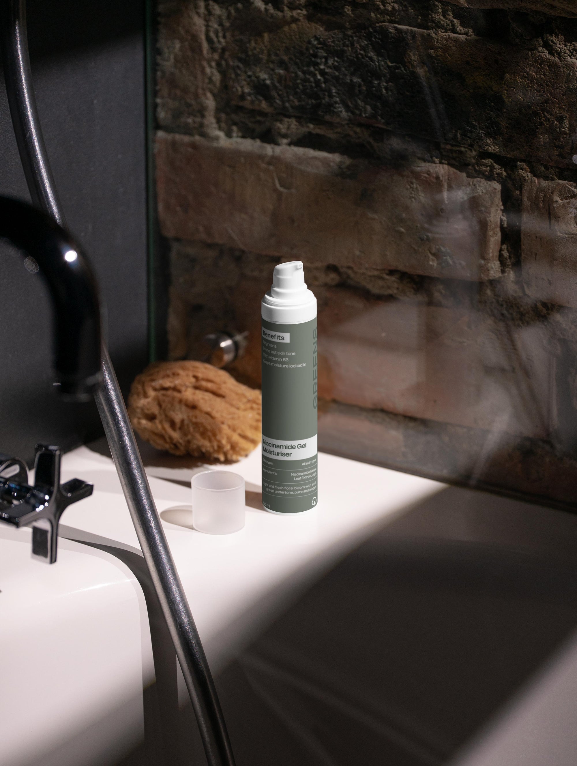 Premium studio shot of Greens for People Niacinamide Gel, showcasing the clean and effective skincare formula for men.