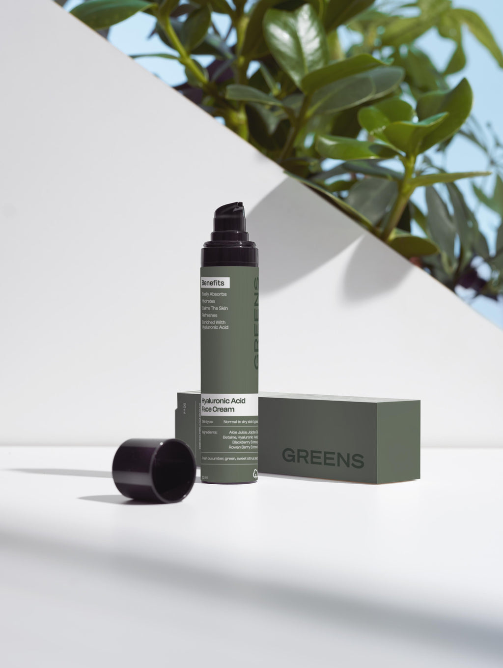 Premium studio shot of the Greens for People Hyaluronic Acid Face Cream, a hydrating moisturizer for men.