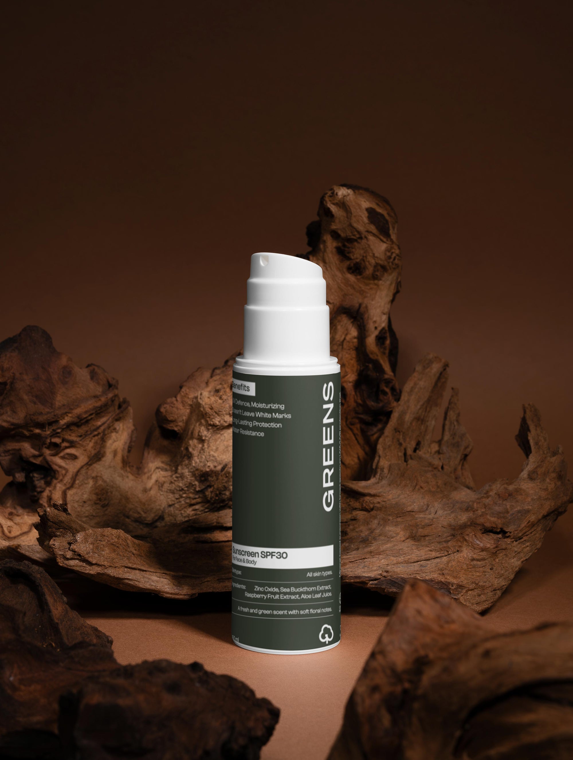 Premium studio shot of the Greens for People Mineral Sunscreen SPF30, a clean sun protection for men.