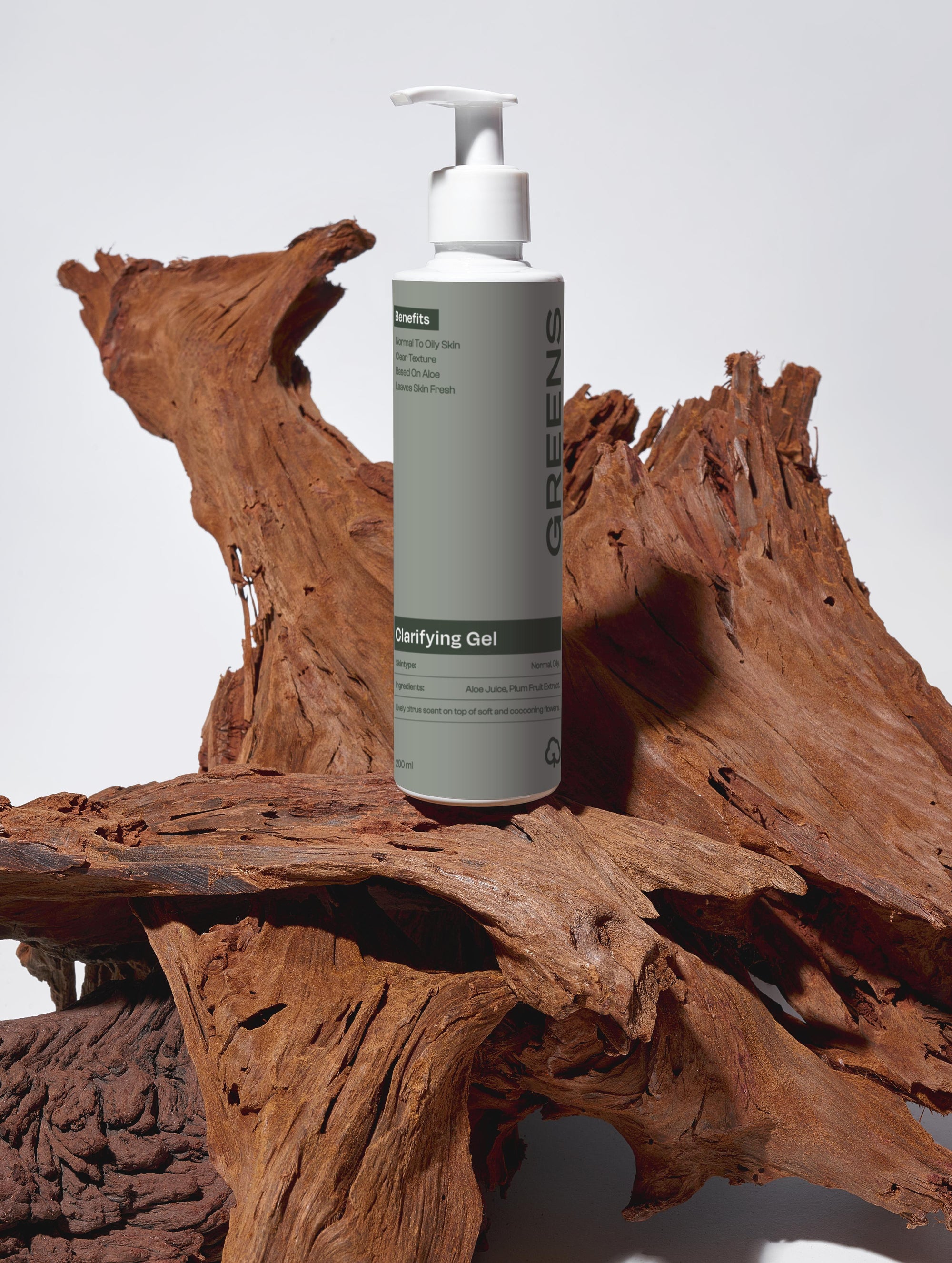 Purifying Greens for People Clarifying Gel cleanser styled in a premium studio setting.