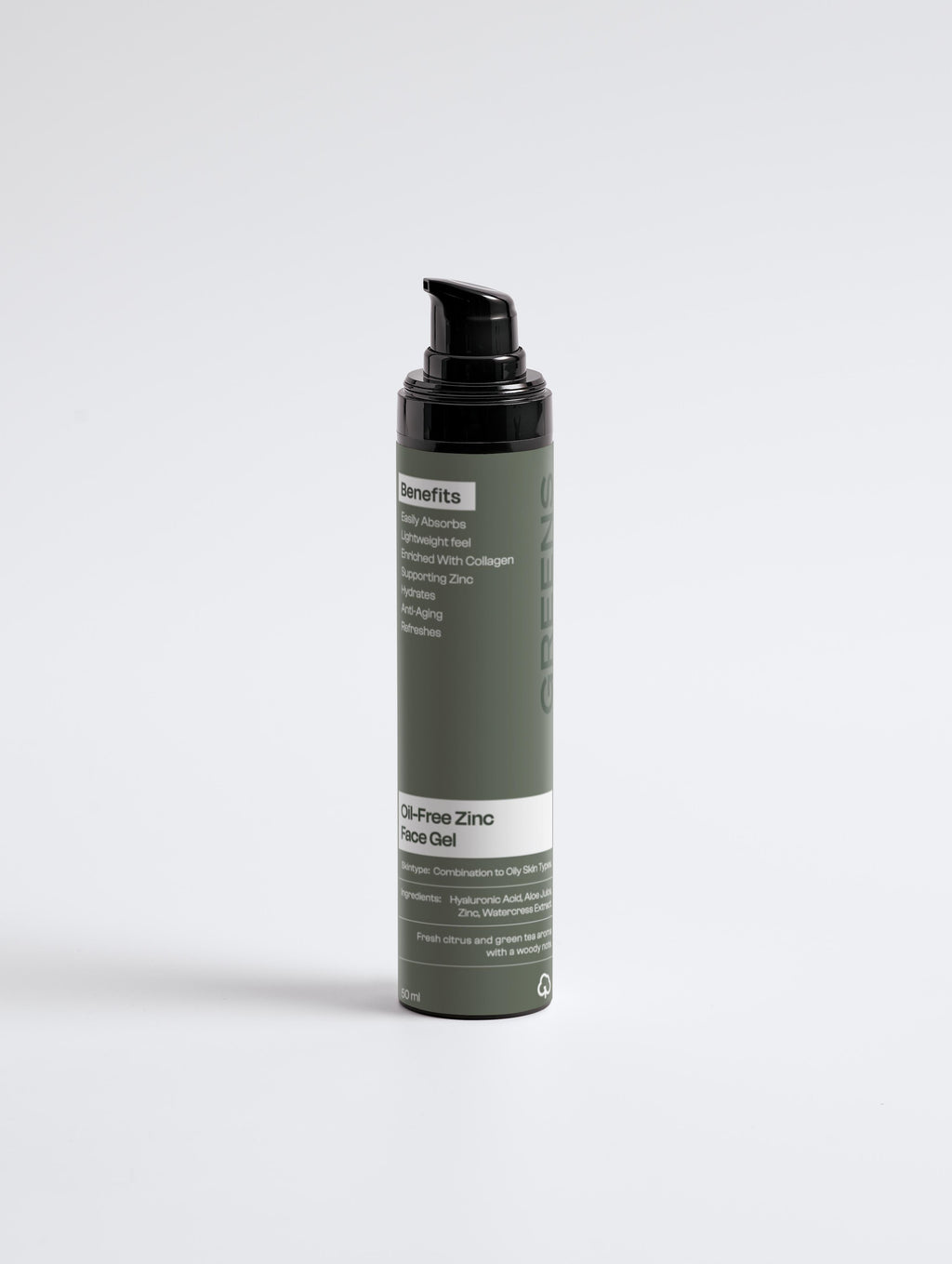 Side angle shot of the Greens for People daily face gel for oily skin.