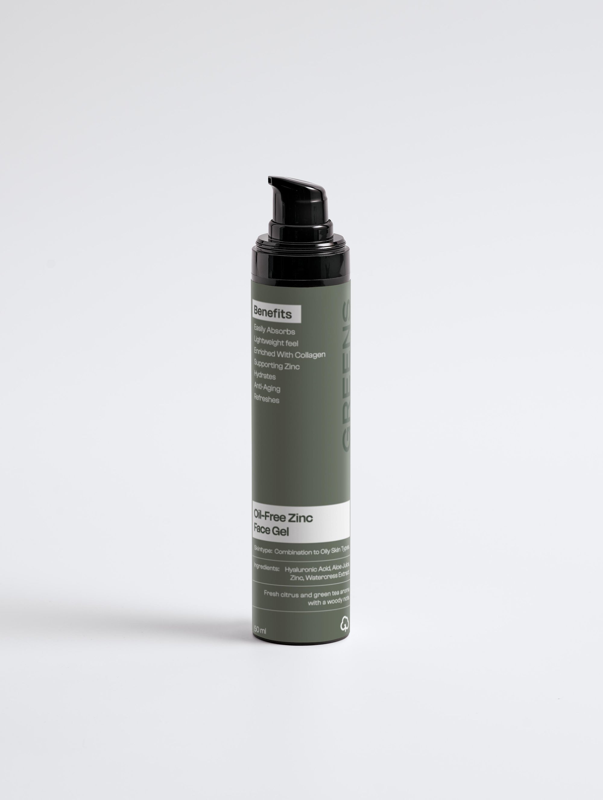 Side angle shot of the Greens for People daily face gel for oily skin.