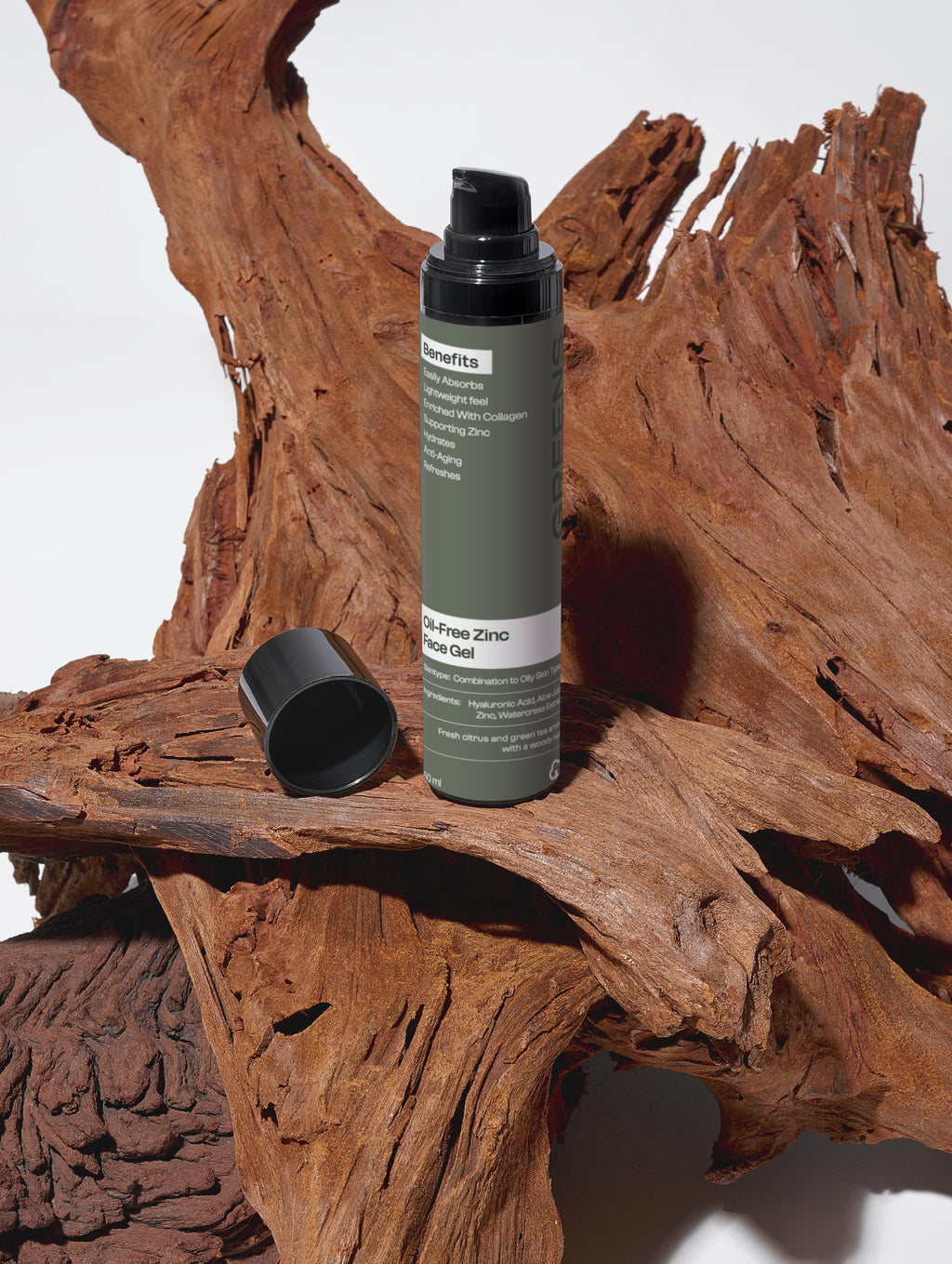 Stylized display of Greens for People men's face gel for oil-control and hydration.